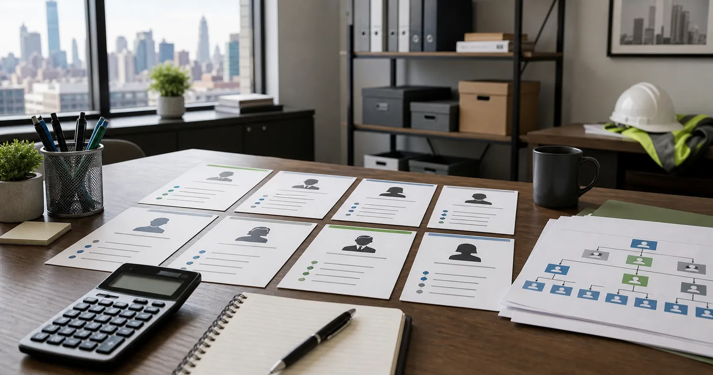Office role profiles, staffing plan, and calculator on a trade-business meeting table