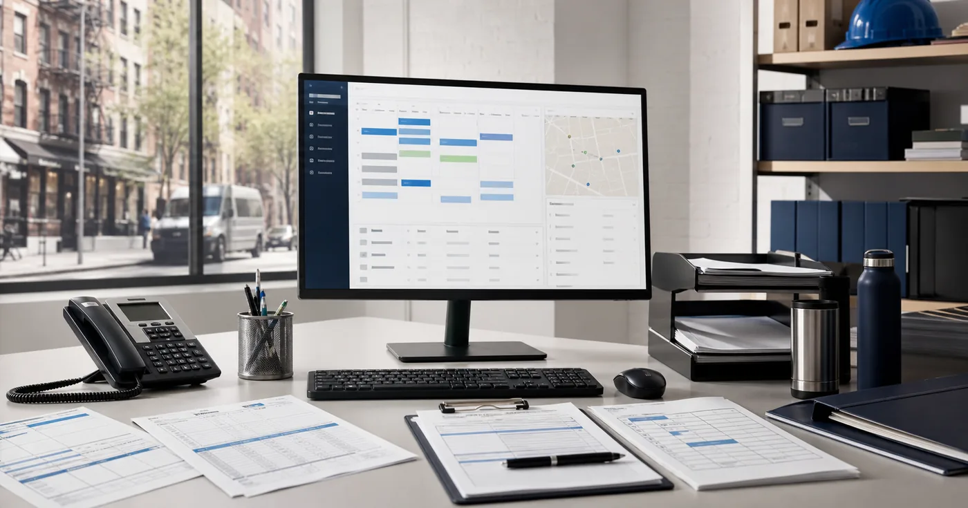 Field service scheduling dashboard and organized job paperwork in a NYC trade-business office