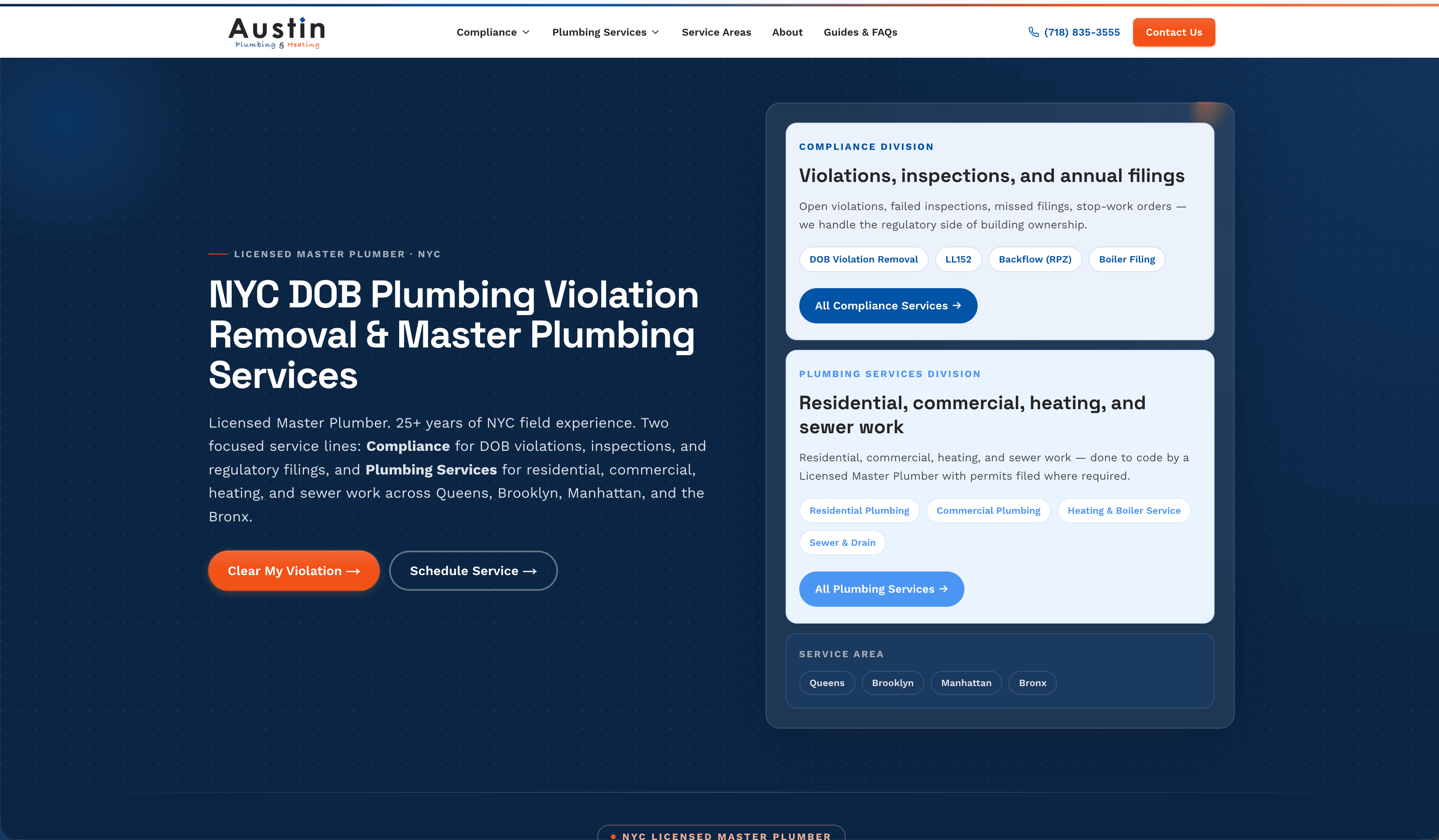 Austin Plumbing & Heating's new conversion-focused homepage at austinplumbingny.com — DOB violation removal and master plumbing services