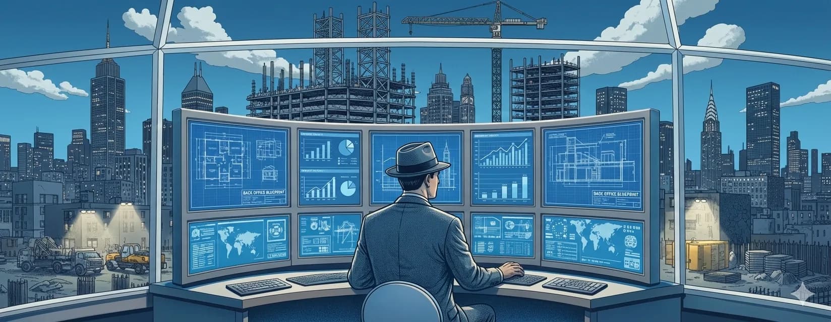 Back Office Blueprint — NYC command center overlooking a construction skyline